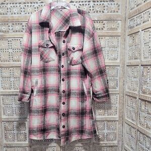 Plaid Pink and Brown Women's Oversized Flannel Jacket With Pockets